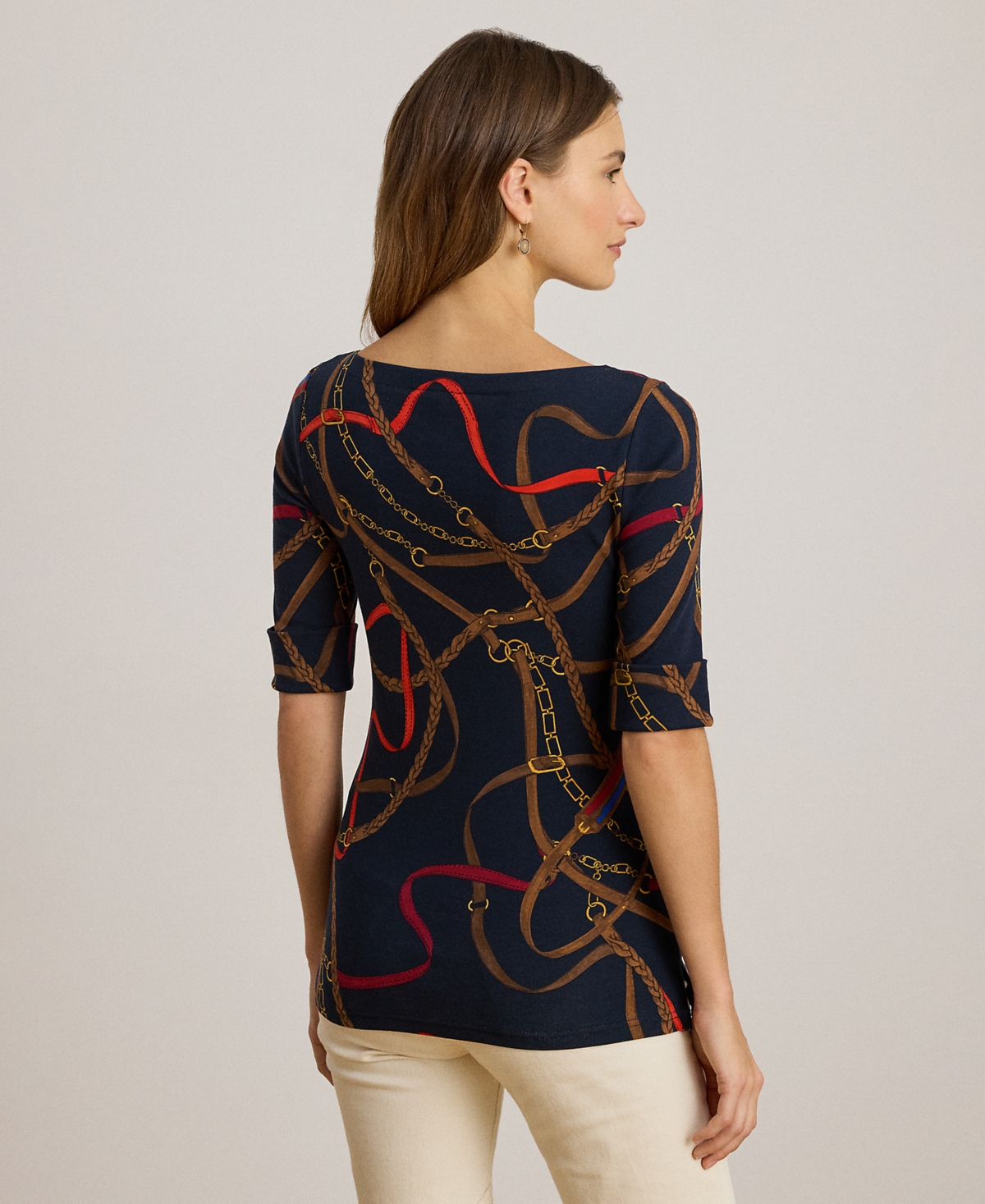 Lauren Ralph Petite Belting-Print Cotton Boatneck T-Shirt