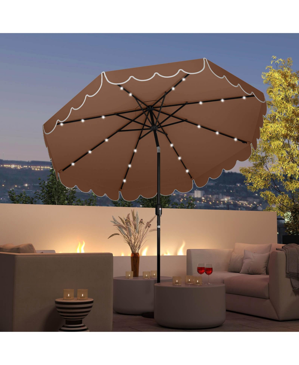 9.3 Ft Solar Patio Umbrella Outdoor Market Sunshade with 24 Led Lights Ruffles