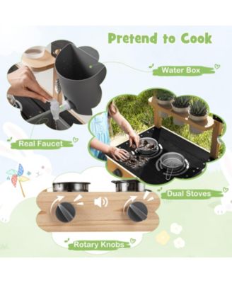 Mud Kitchen w/ Wheels Outdoor Fir Wood Play Kitchen w/ Blackboard,Planting Pots