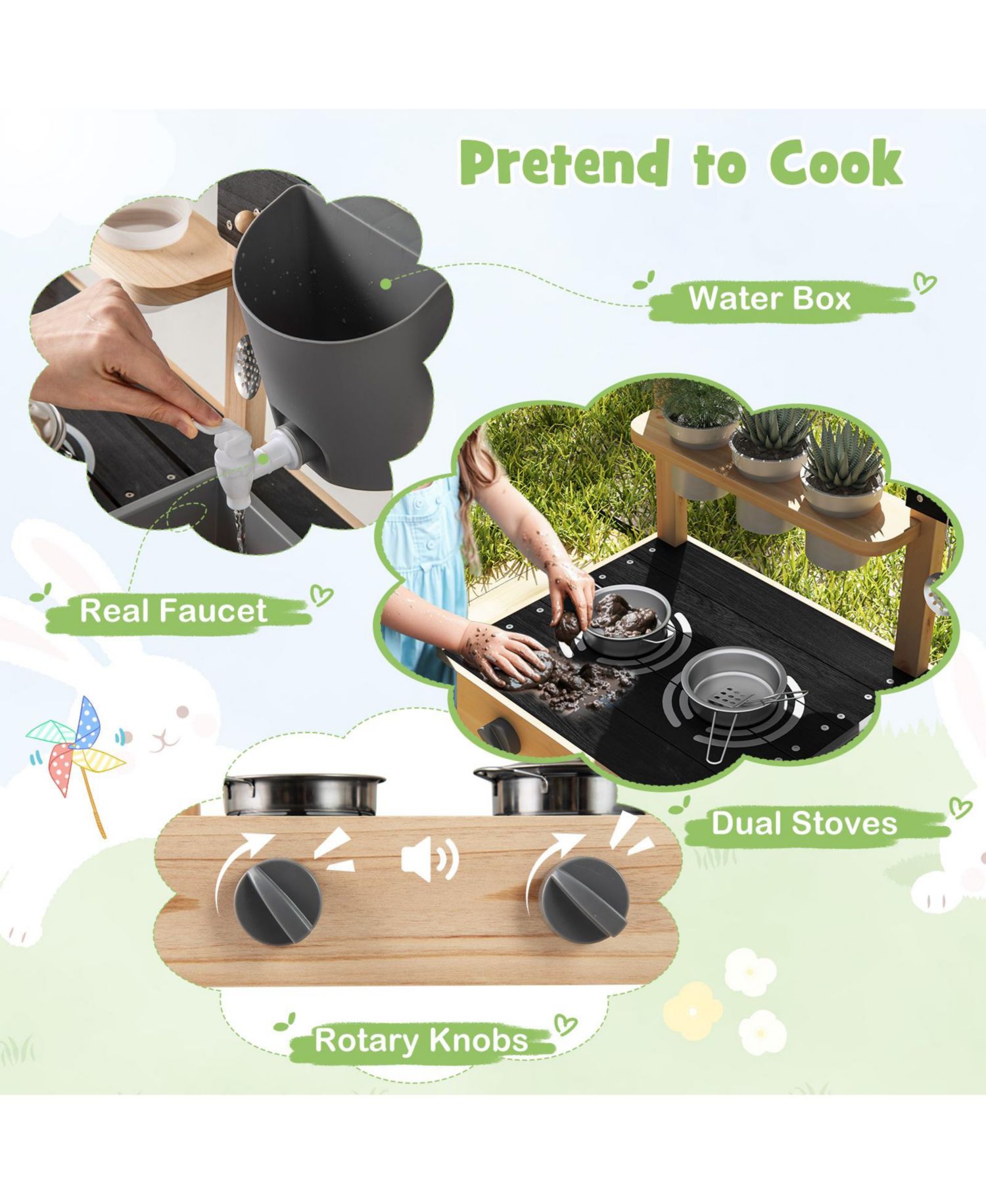 Mud Kitchen Fir Wood with Wheels Outdoor Play Kitchen with Planting Pots