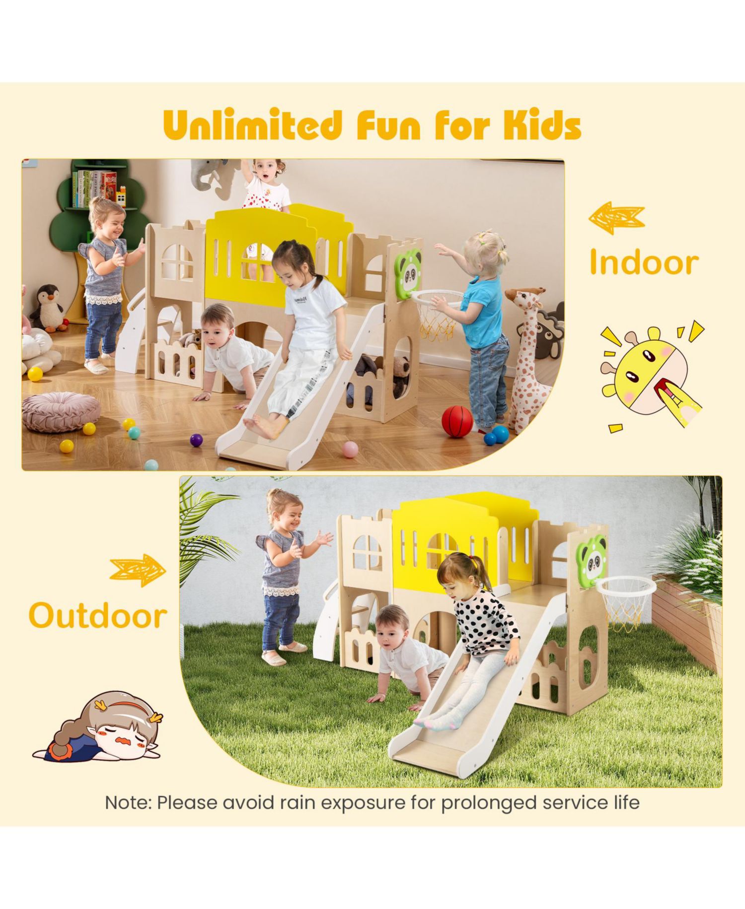 7-in-1 Toddler Slide Set Wooden Castle-Shaped Activity Center