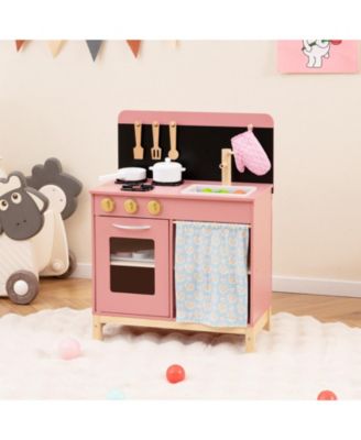 Play Kitchen for Kids w/ Door Curtain Stoves Sink & Oven Cookware Accessories