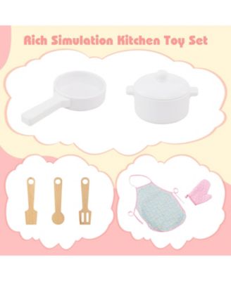Play Kitchen for Kids w/ Door Curtain Stoves Sink & Oven Cookware Accessories