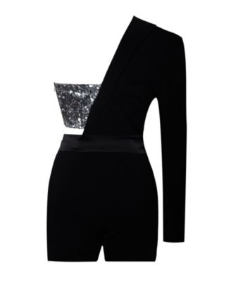 Women's Skylynn Sequin Black One Sleeve Blazer Romper