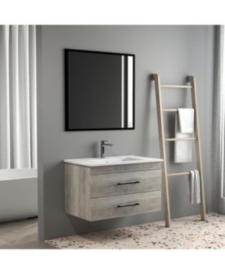 32" Grey Wood Vanity, Ceramic Sink, Mirror - Modern Bathroom