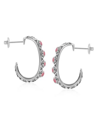 Sterling Silver Rhodonite Patterned J-Hoop 1 Inch Earrings