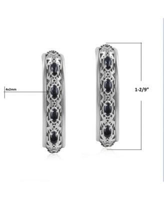 Sterling Silver Black Onyx Patterned J-Hoop 1 Inch Earrings