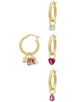 Macy's - Lab Grown White Sapphire (1.3 ct. t.w.), Pink Sapphire (1 ct. t.w.) and Ruby (2 ct. t.w.) Hoop Earrings in 14K Gold over Sterling Silver