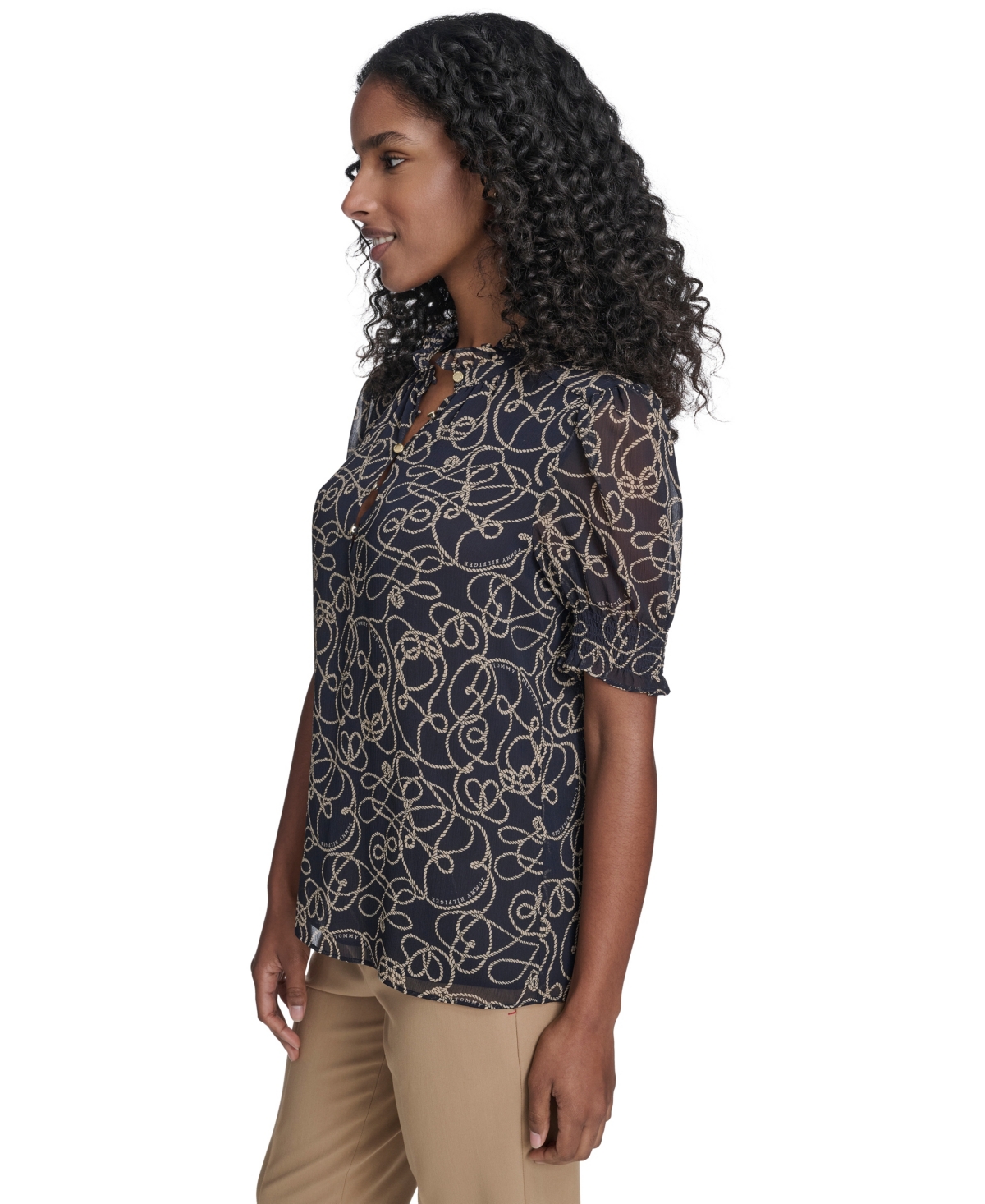 Tommy Hilfiger Women's Rope Print Ruffle Mock Neck Blouse