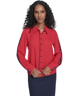 Women's Long Sleeve Contrast Trim Button-Up Blouse