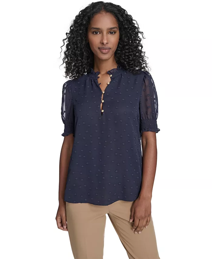 Women's Floral Clip Mock Neck Short Sleeve Blouse