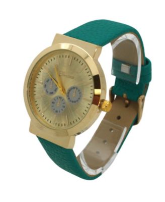 Teal Calendar Dial Gold Accented Leather Strap Watch