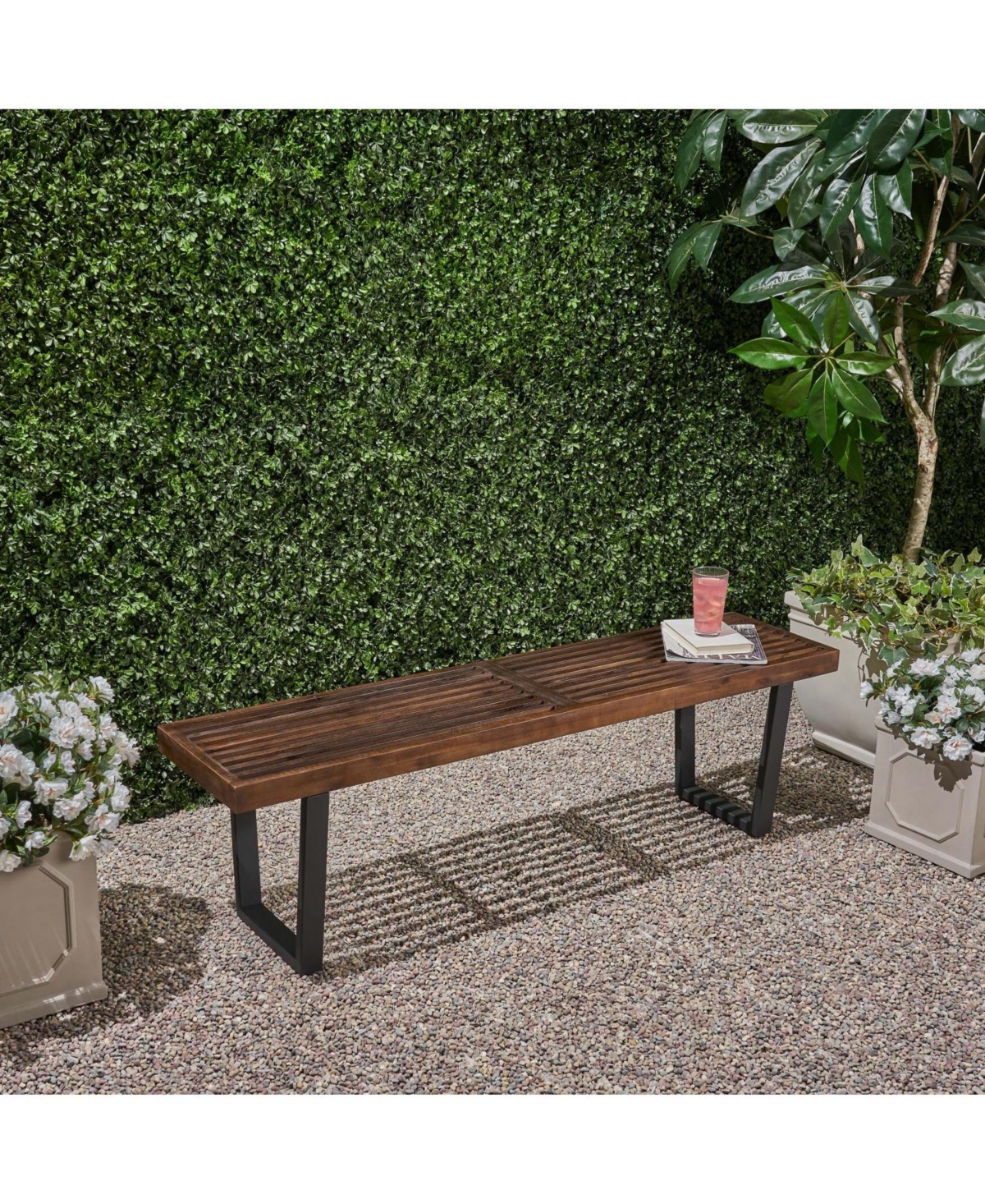 Streamdale Furniture Acacia Wood Patio Bench - Dark Brown & Black