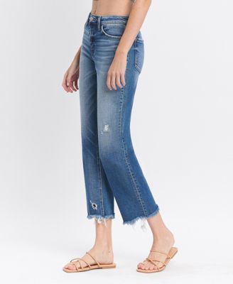 Women's High Rise Frayed Hem Crop Straight Jeans