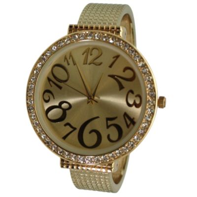 Gold Big Round Face with Rhinestones Women Watch