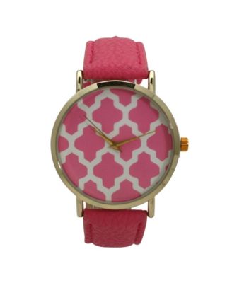 Pink Geometric Pattern Leather Strap Watch