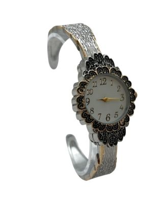 Two Tone Elegant Flower Detailed Face Bangle Women Watch