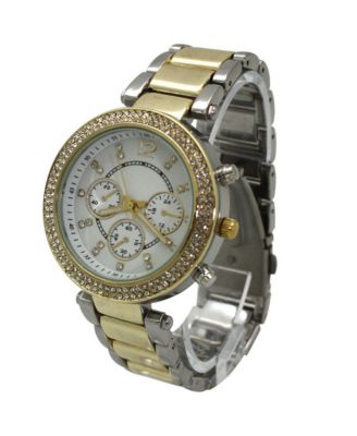 Two Tone Rhinestone Bezel Decorative Chronograph Watch