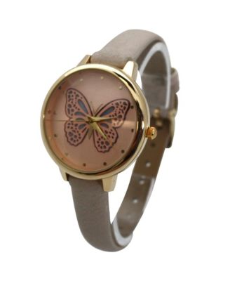 Gray Thin Faux Leather Butterfly Face Women Watch