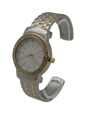 TWO TONE TEXTURED AND RHINESTONE DETAL BANGLE WATCH