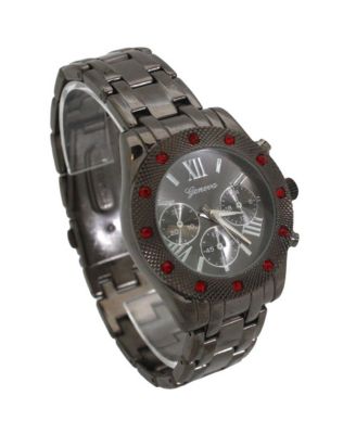 Gunmetal Women's Red Rhinestone Detail Boyfriend Metal Watch