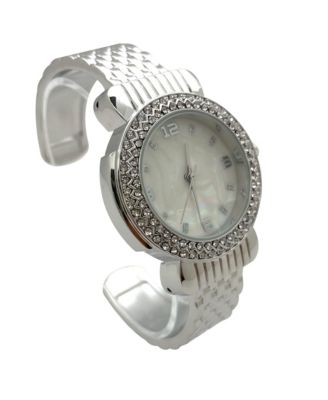 Silver Round Face Rhinestone Bezel Bangle Women Watch