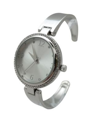 Silver Round Face Rhinestone Bezel Soft Bangle Women Watch