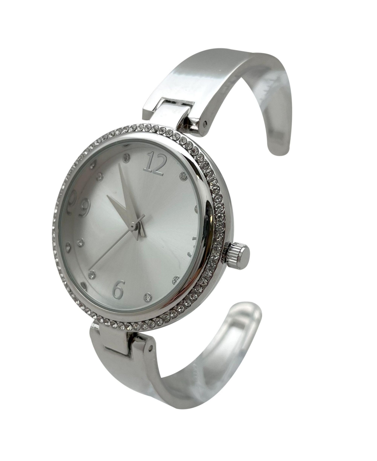 Olivia Pratt Silver Round Face Rhinestone Bezel Soft Bangle Women Watch