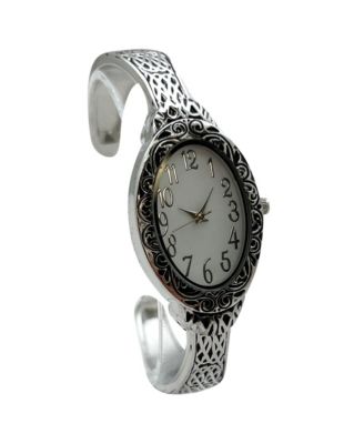 Silver Oval Face Elegant Textured Bangle Women Watch