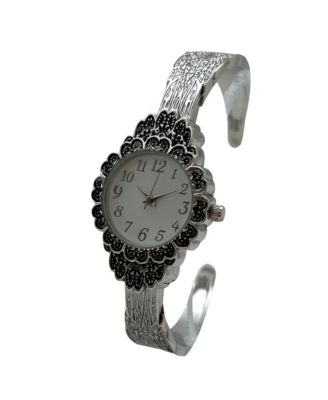 Silver Elegant Flower Detailed Face Bangle Women Watch