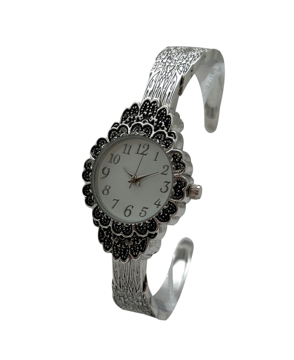 Olivia Pratt Silver Elegant Flower Detailed Face Bangle Women Watch