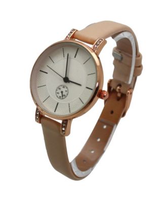 Brown Faux Leather Solid Color Round Face Women Watch