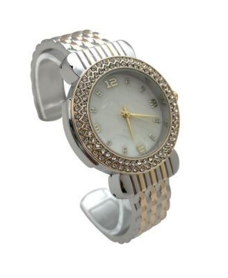 Two Tone Round Face Rhinestone Bezel Bangle Women Watch