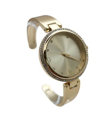 Gold Round Face Rhinestone Bezel Soft Bangle Women Watch