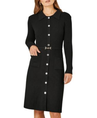 Women's Belted Rib Knit Midi Dress With Pockets