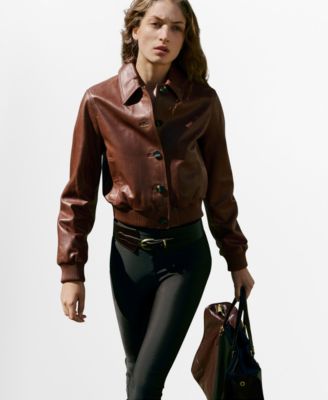 MANGO - Women's Leather Bomber Jacket