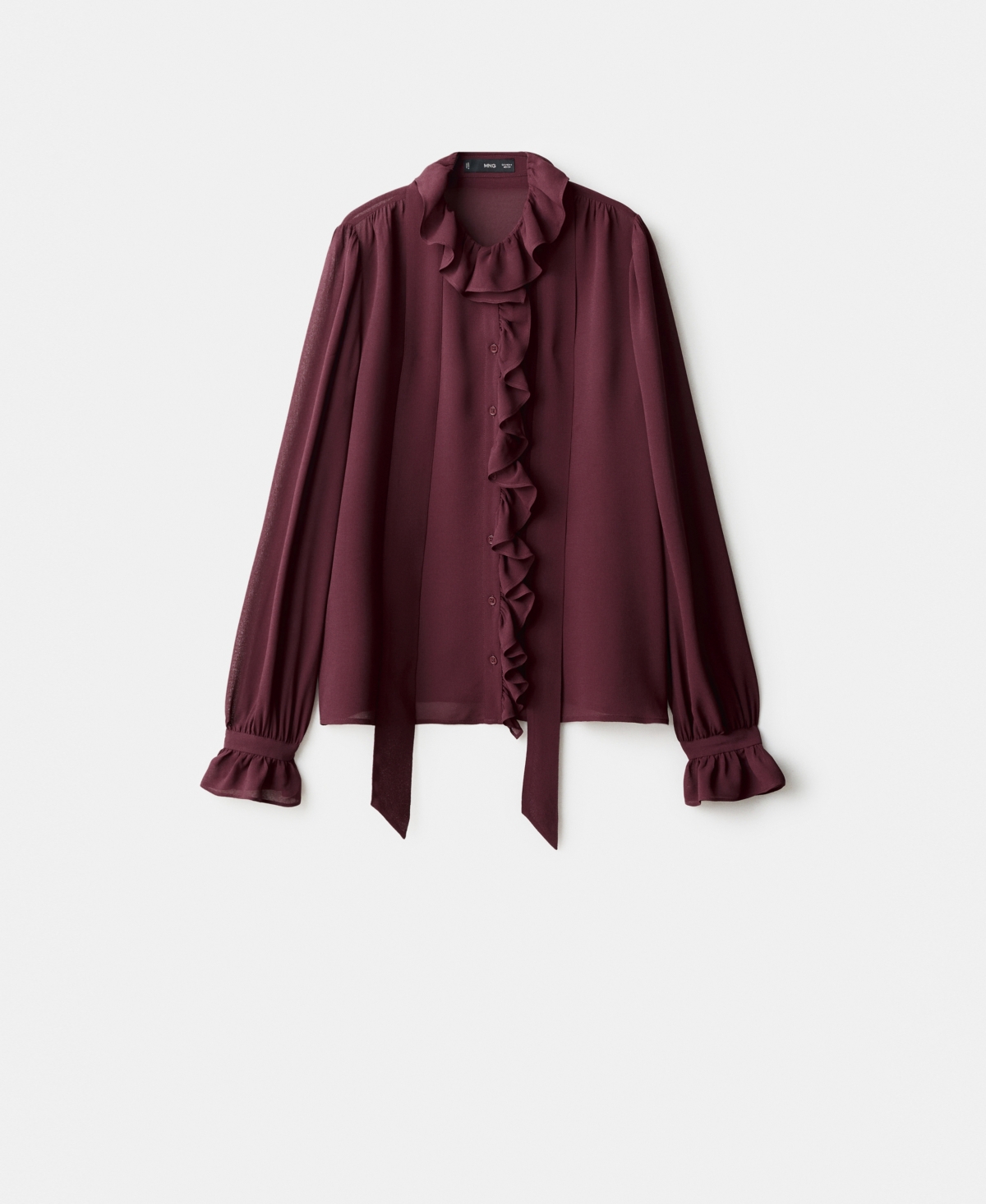 Mango Ruffle Front Button Top In Burgundy