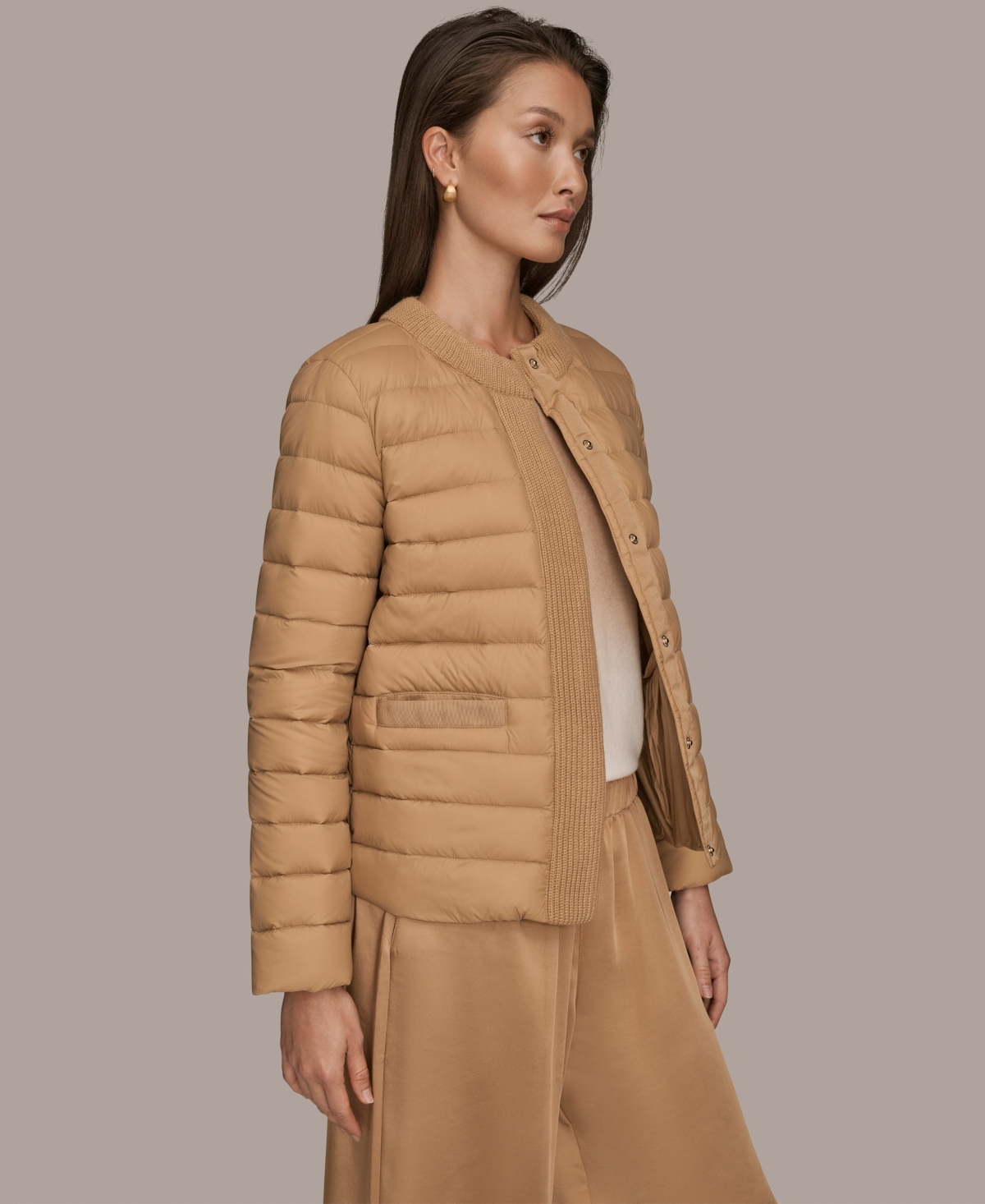 Donna Karan Weekend Women's Collared Puffer Jacket In Brown