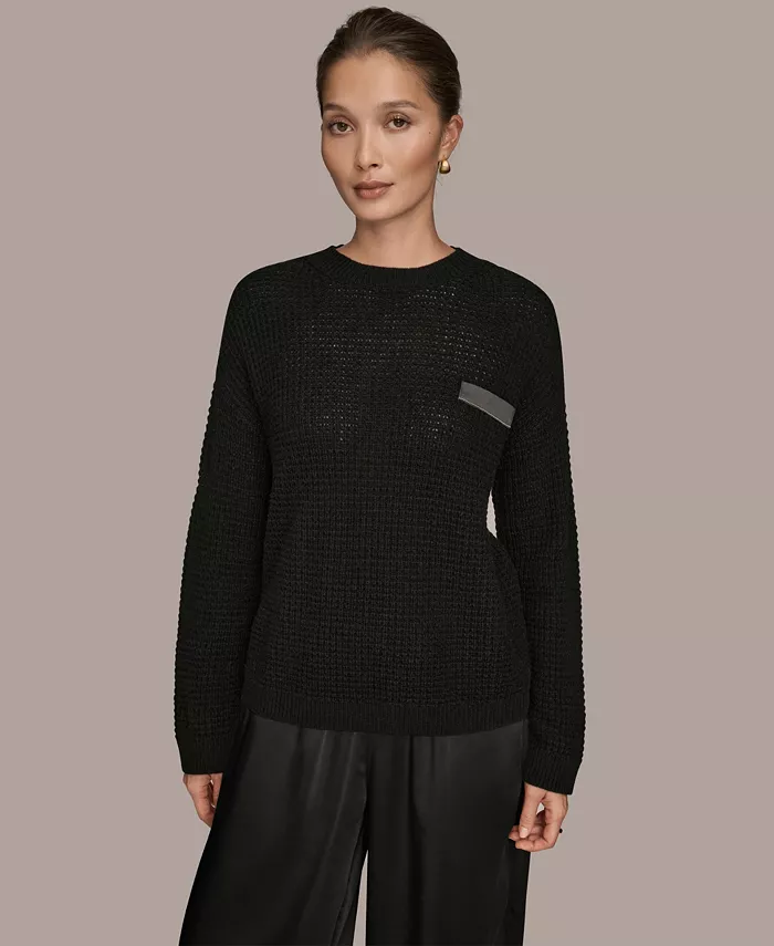 Women's Long-Sleeve Wool Cashmere Blend Waffle Stitch Sweater with Chest Pocket - thumbnail 7