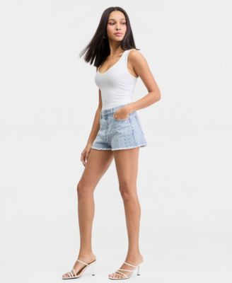 Women's Rhinestone Embellished High-Rise Denim Shorts, Macy's Exclusive