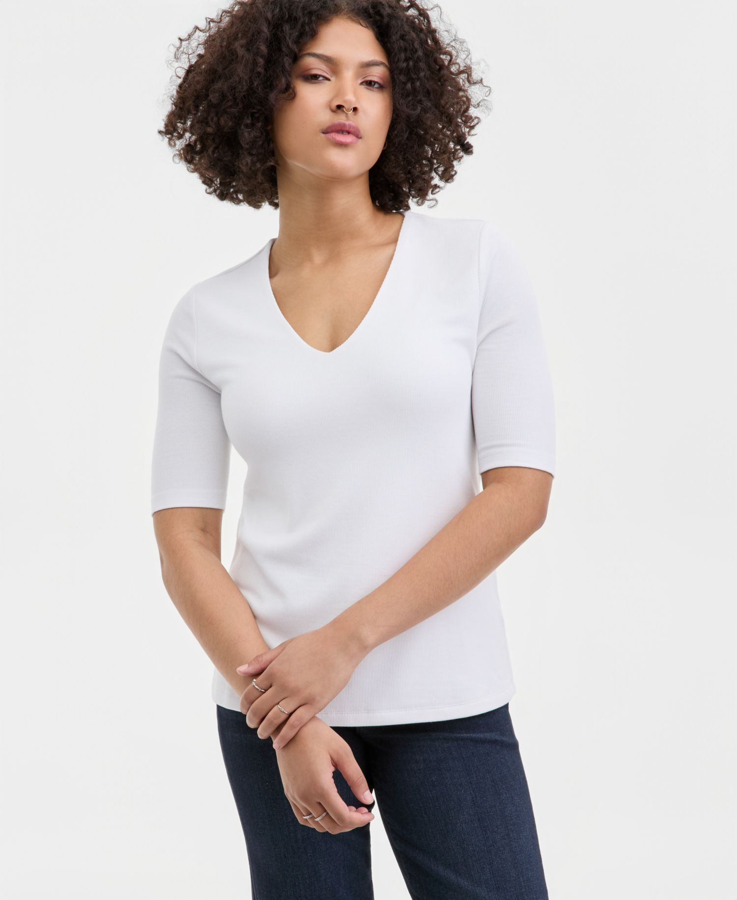Women's V-Neck Elbow-Sleeve Knit Top