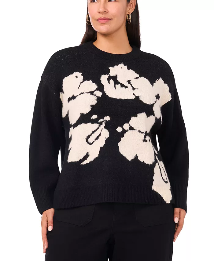 Plus Size Flower Motif Crewneck Sweater
