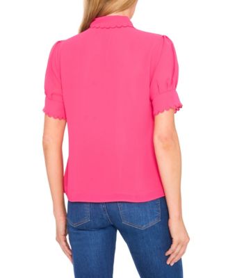 Women's Scalloped Puff-Sleeve Button-Front Top