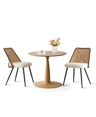 3-Piece 34.5 Inch Round Dining Set with Wood-Look Pedestal Table and 2 Upholstered Rattan Back Chairs with Black Metal Legs-Maison Boucle