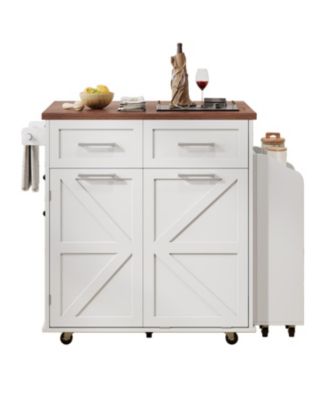 47.2" Farmhouse Kitchen Island with Drop Leaf & Storage, Rolling Cart