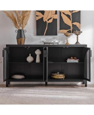 58" Mid-Century MDF & Rattan Magnetic Doors, Adjustable Shelves, Metal Handles Rattan Sideboard Buffet Cabinet