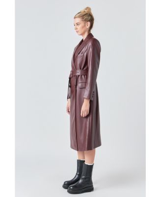Women's Long Faux Leather Trench