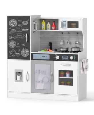 Play Kitchen Toy Set w/ Chalkboard Oven Sink Curtain Microwave Water Dispenser