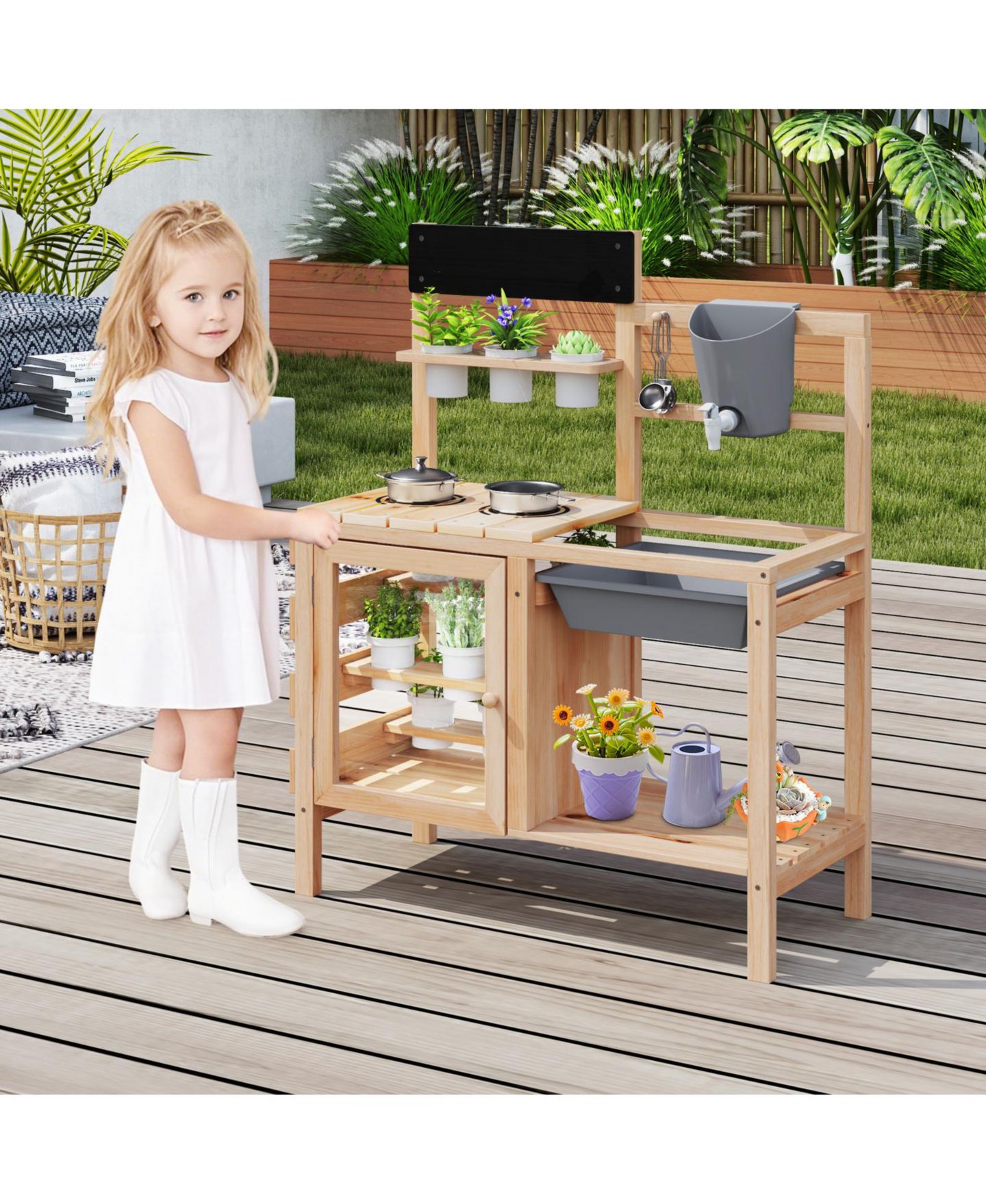Детские игрушки Gymax Outdoor Wooden Mud Kitchen Playset, 17-Piece Set, Ages 3+, цвет: Натуральный — фото 4