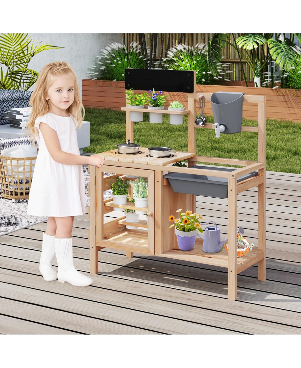 Gymax Mud Kitchen Kids Pretend Play Kitchen Toy Set Outdoor Wooden Kitchen Playset